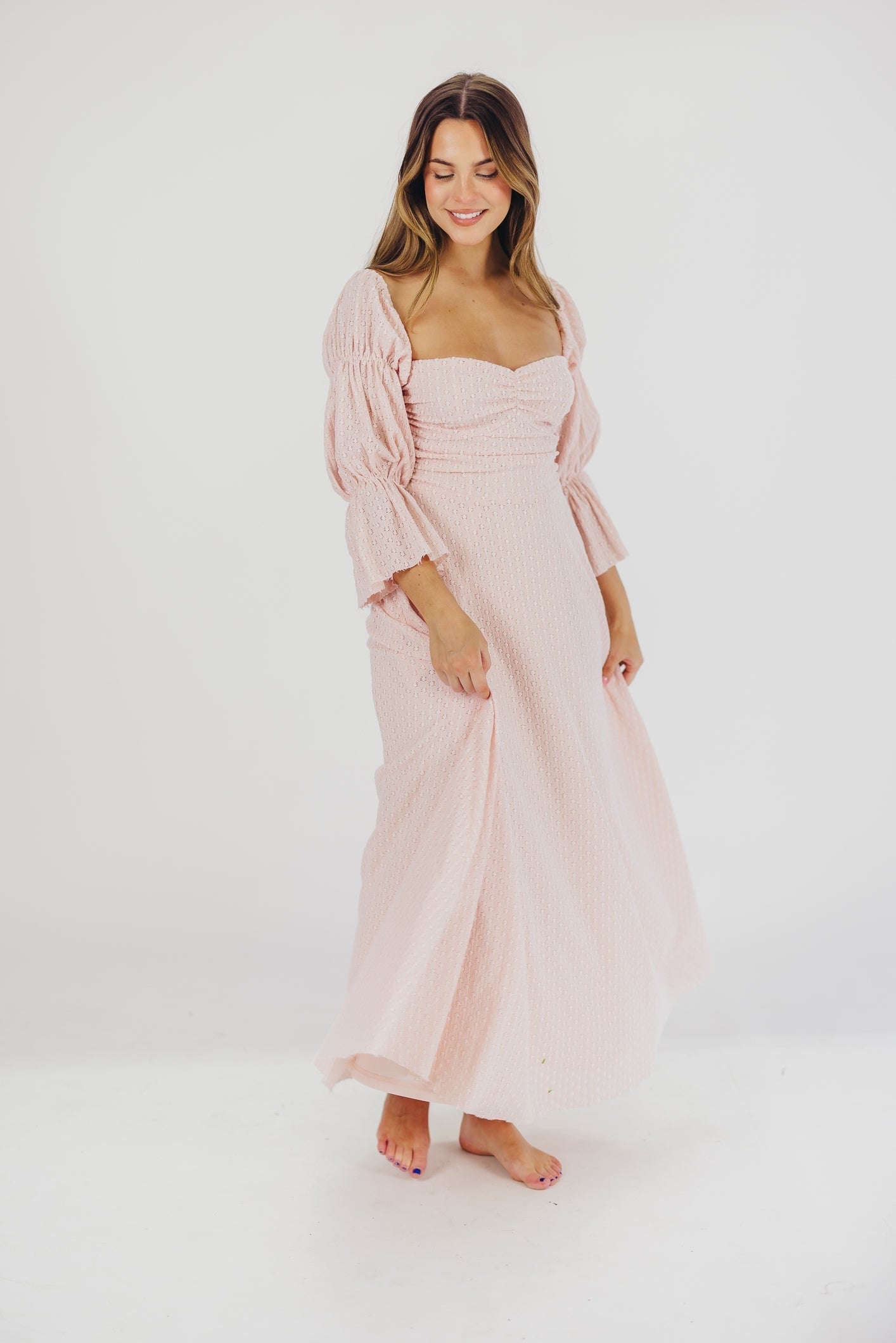 Robe longue femme – Robe élégante rose ballerine avec manches volantes et poches