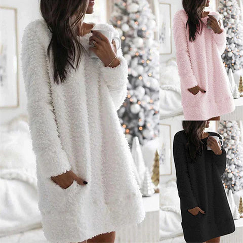 Robe chaude unie femme – Robe élégante à encolure ronde pour l'hiver