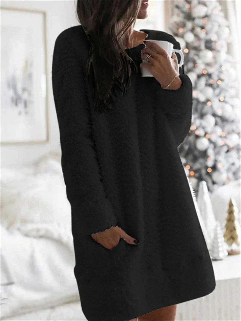 Robe chaude unie femme – Robe élégante à encolure ronde pour l'hiver