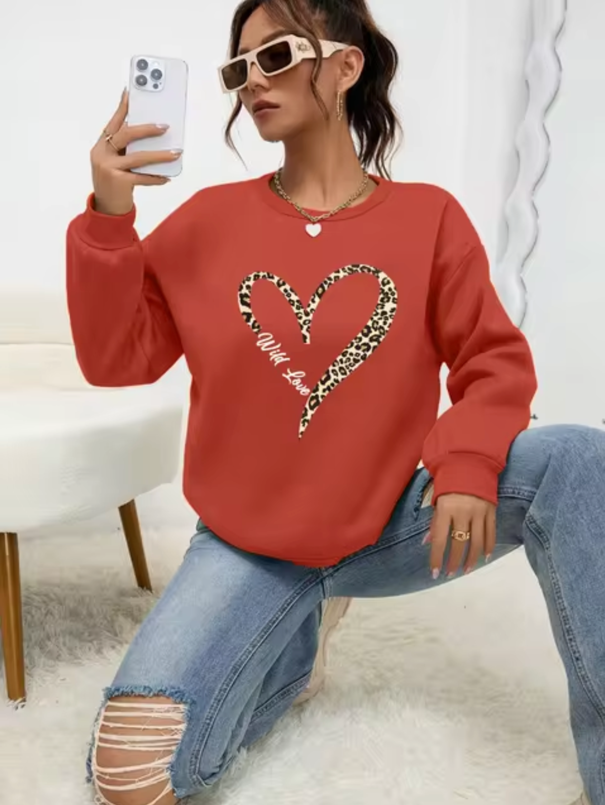 Pull coton femme – Sweat à imprimé cœur léopard chic et tendance