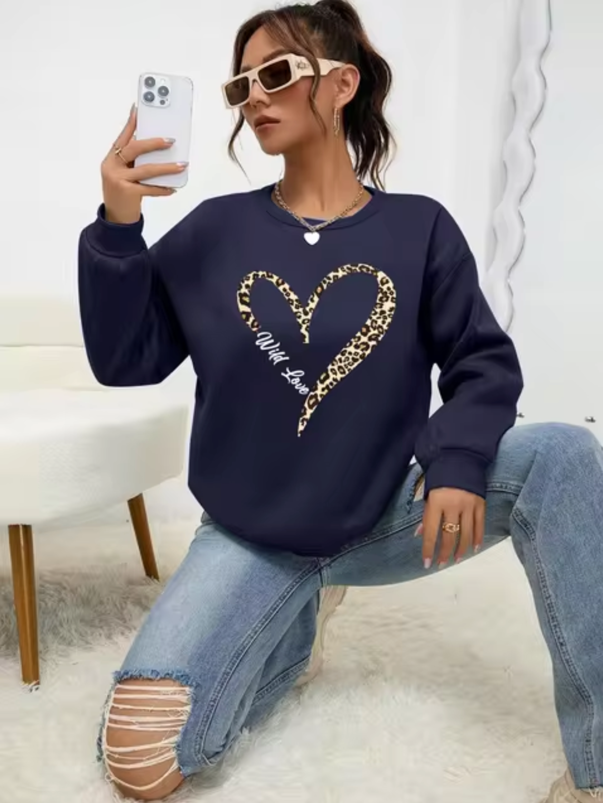 Pull coton femme – Sweat à imprimé cœur léopard chic et tendance