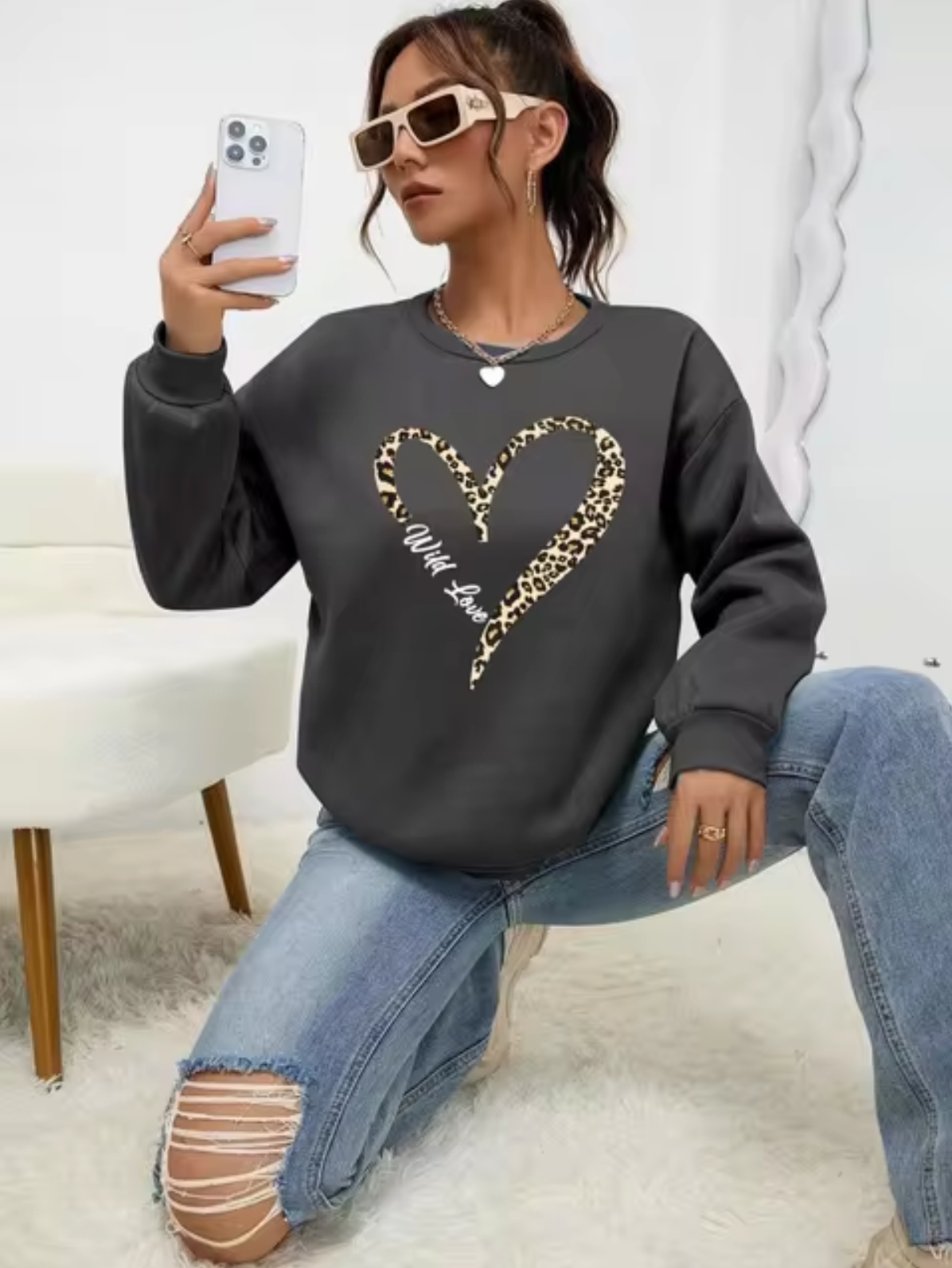 Pull coton femme – Sweat à imprimé cœur léopard chic et tendance