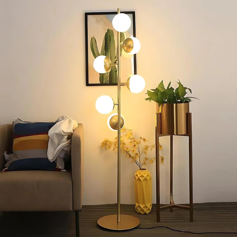 Lampe de Table LED Or – Lampe de Sol Moderne avec Boules en Verre Décoratives