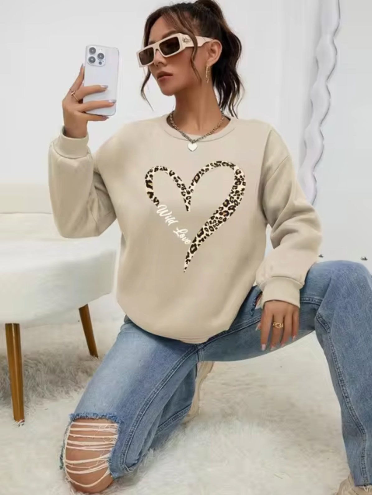 Pull coton femme – Sweat à imprimé cœur léopard chic et tendance