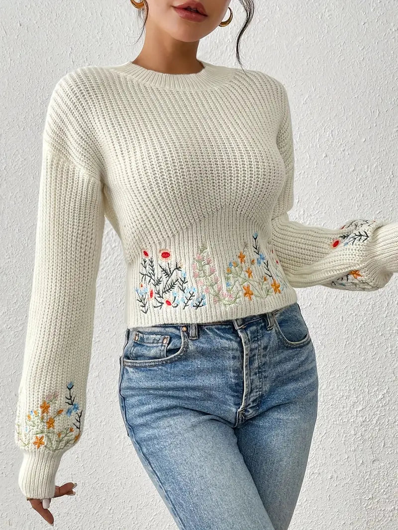 Pull en tricot femme – Pull floral brodé élégant et confortable