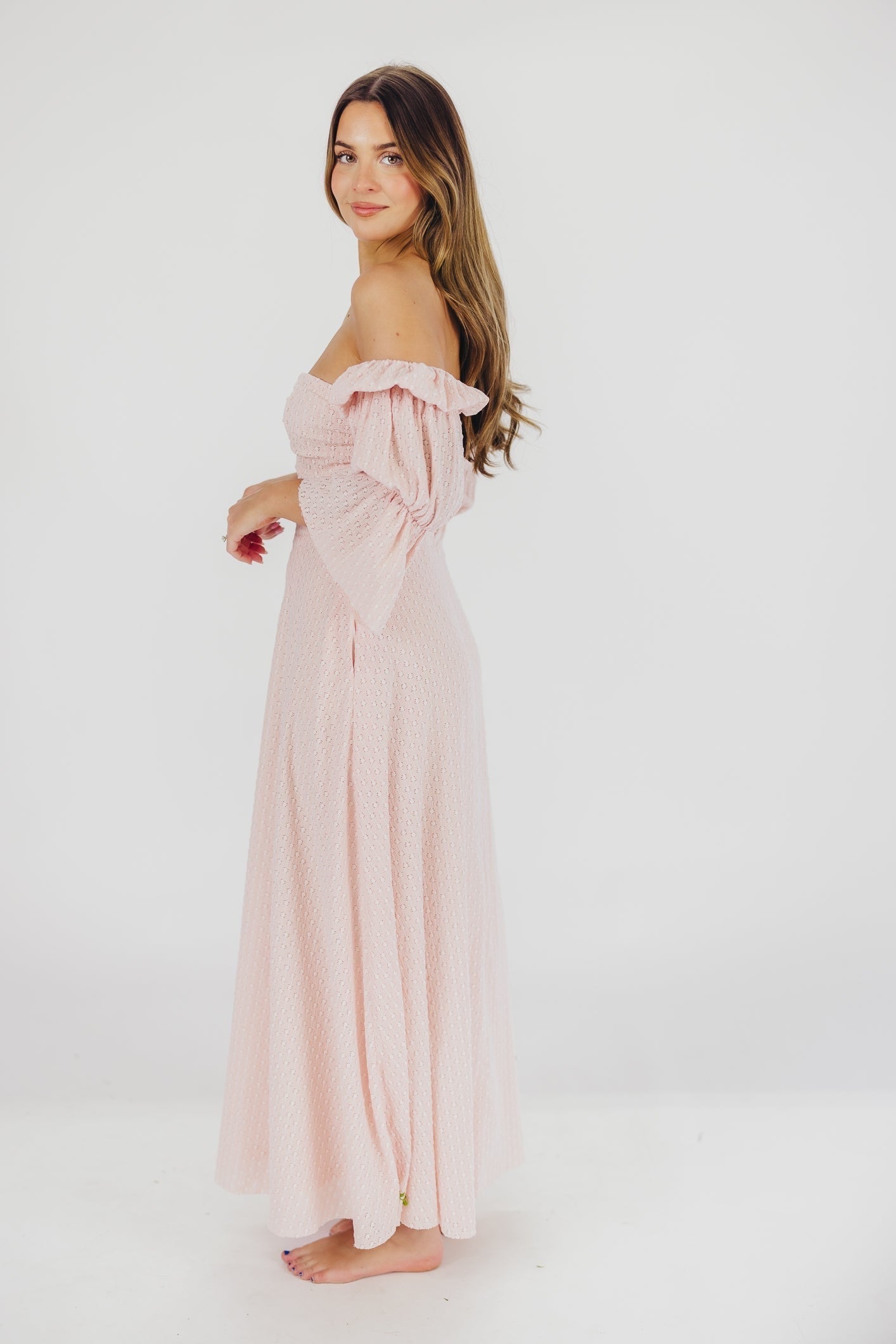 Robe longue femme – Robe élégante rose ballerine avec manches volantes et poches