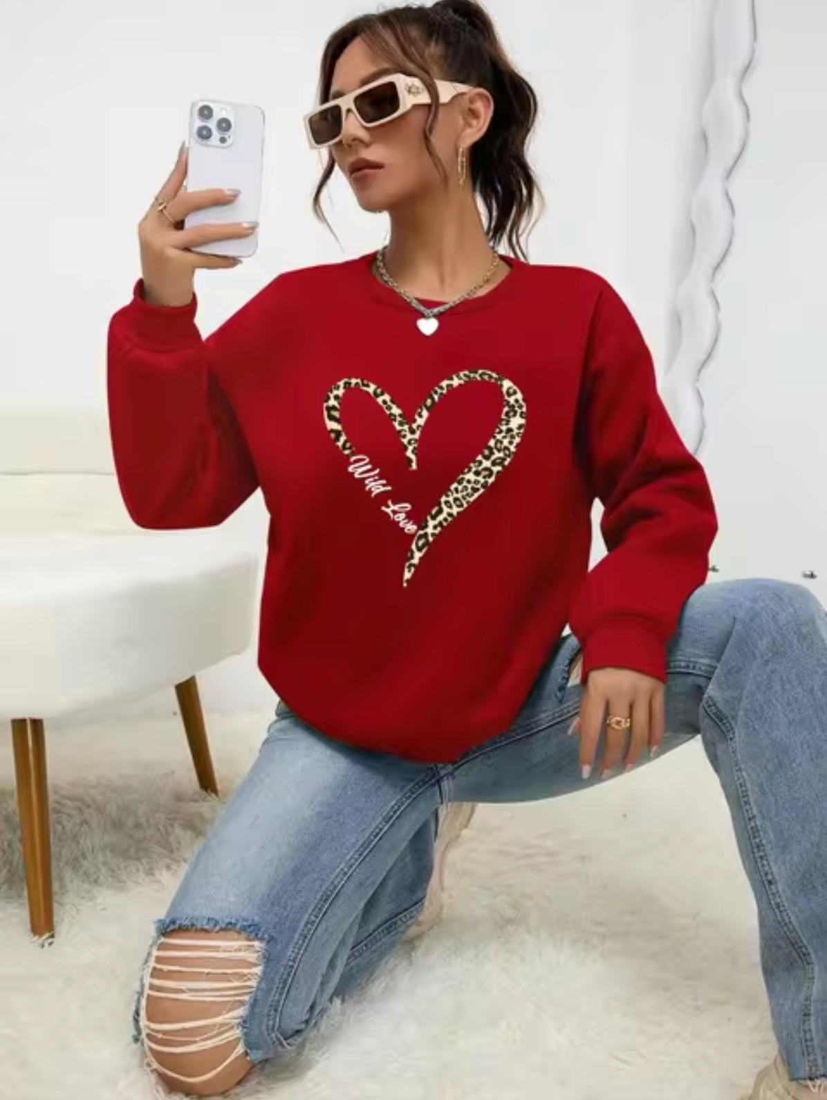 Pull coton femme – Sweat à imprimé cœur léopard chic et tendance