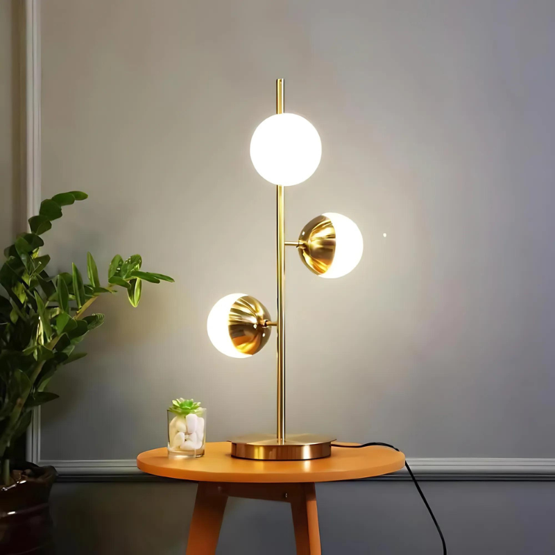 Lampe de Table LED Or – Lampe de Sol Moderne avec Boules en Verre Décoratives