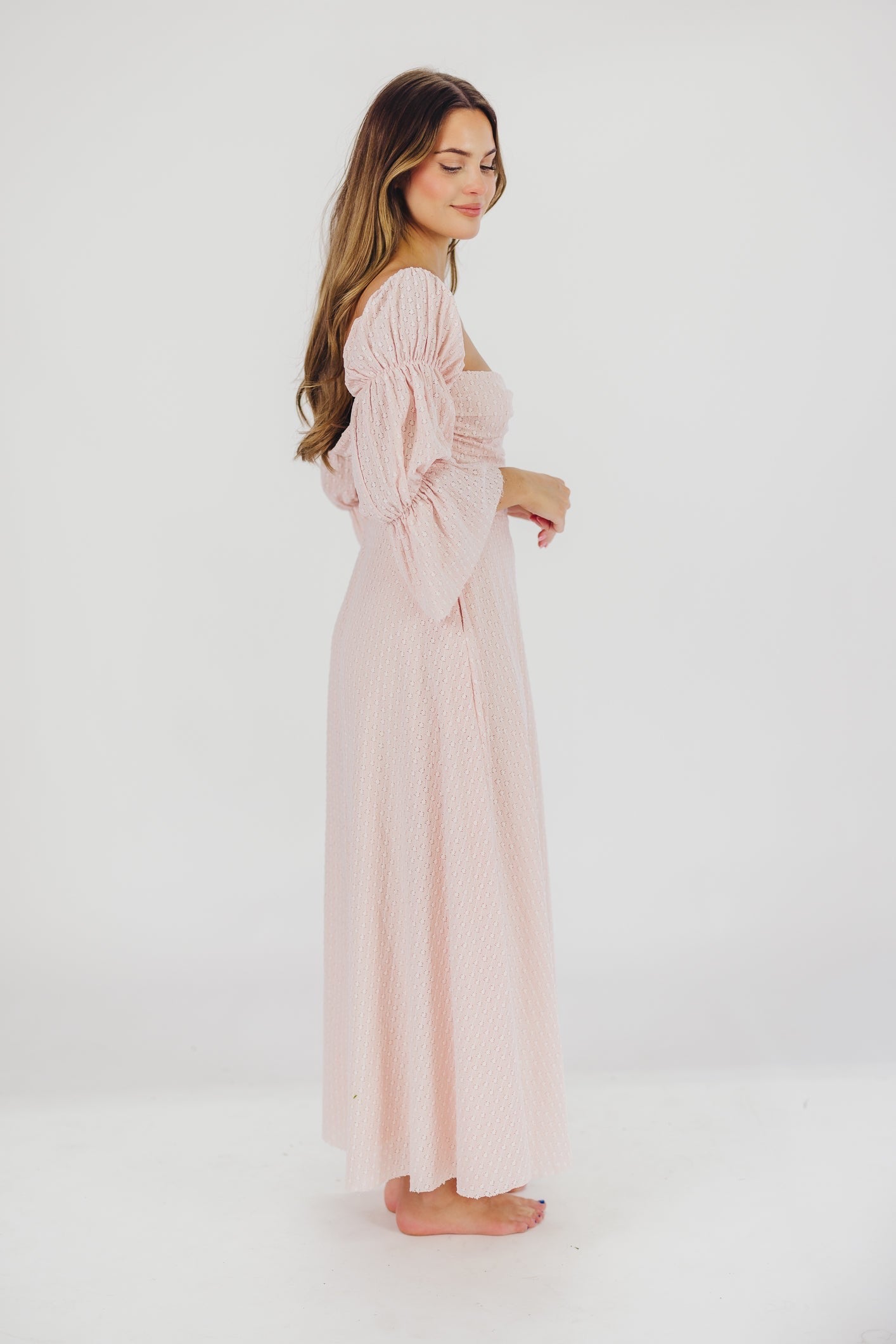 Robe longue femme – Robe élégante rose ballerine avec manches volantes et poches