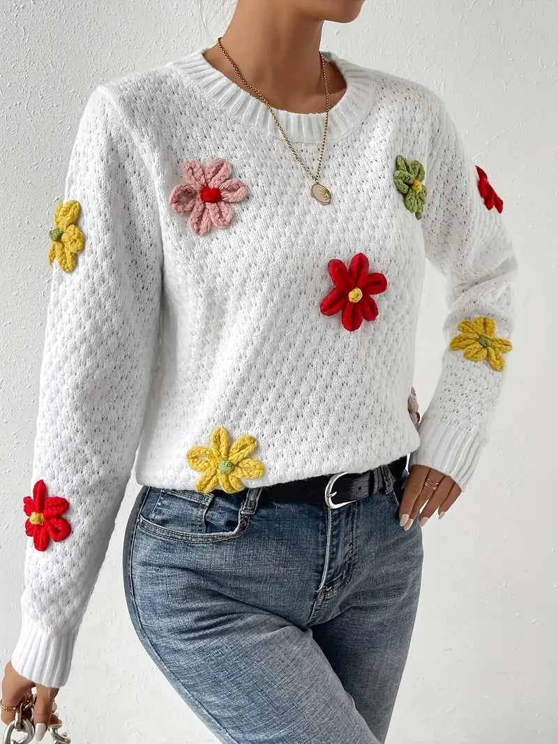 Pull en tricot femme – Pull floral brodé 3D élégant et tendance