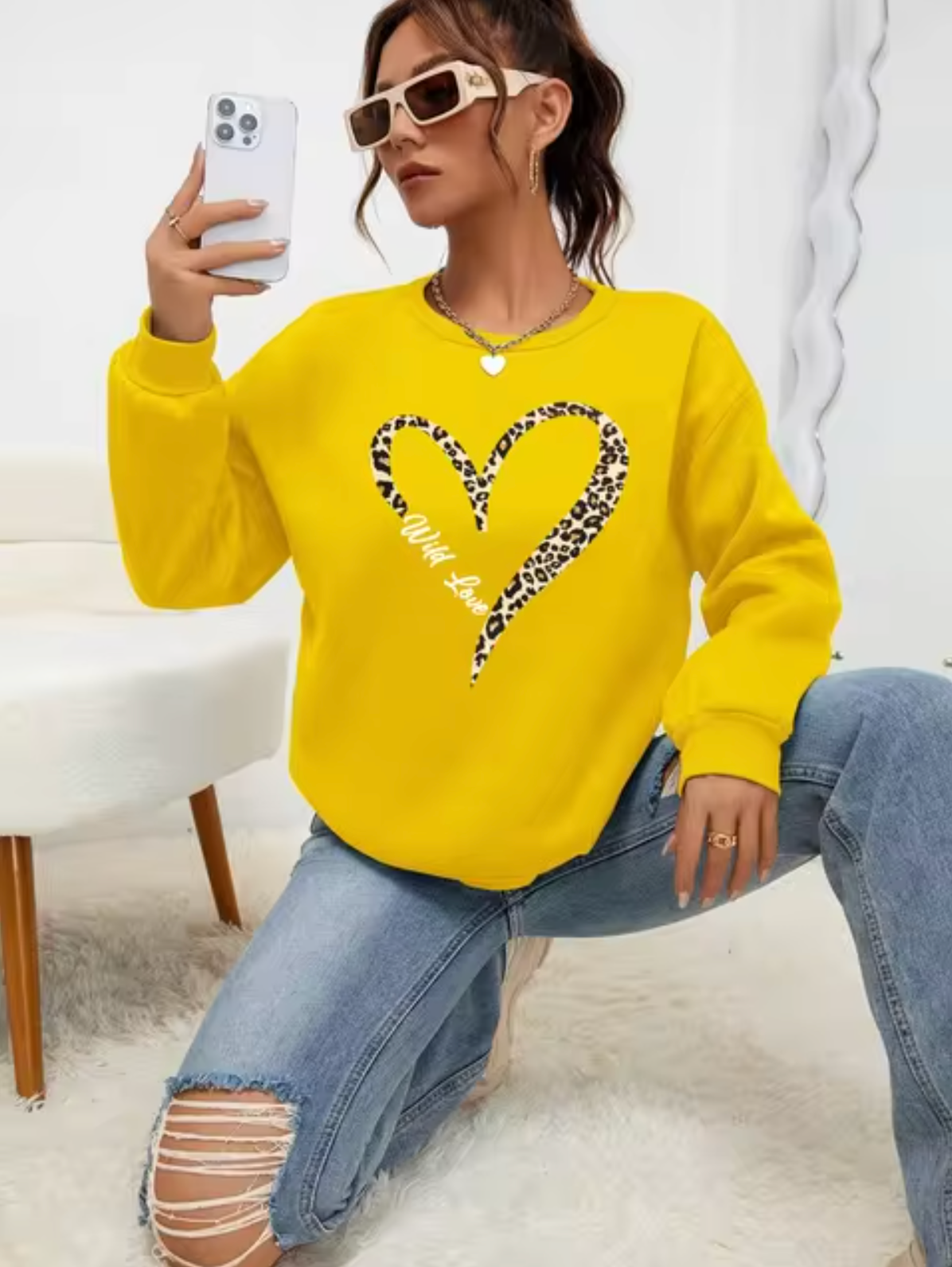 Pull coton femme – Sweat à imprimé cœur léopard chic et tendance