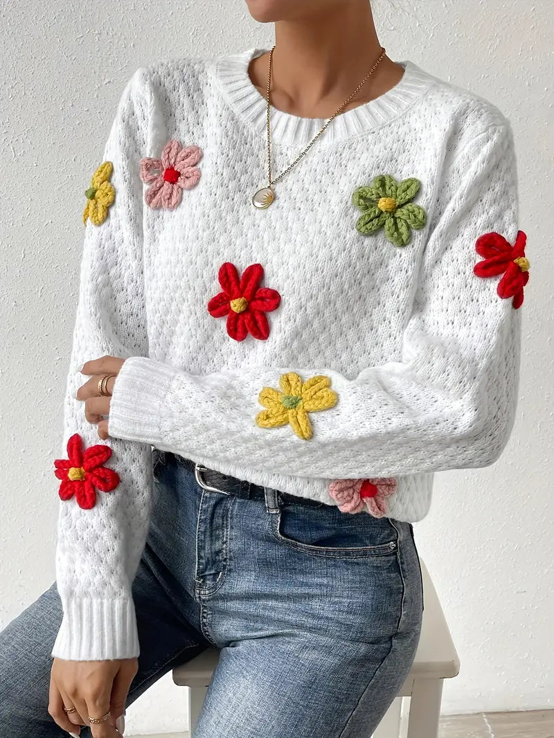 Pull en tricot femme – Pull floral brodé 3D élégant et tendance