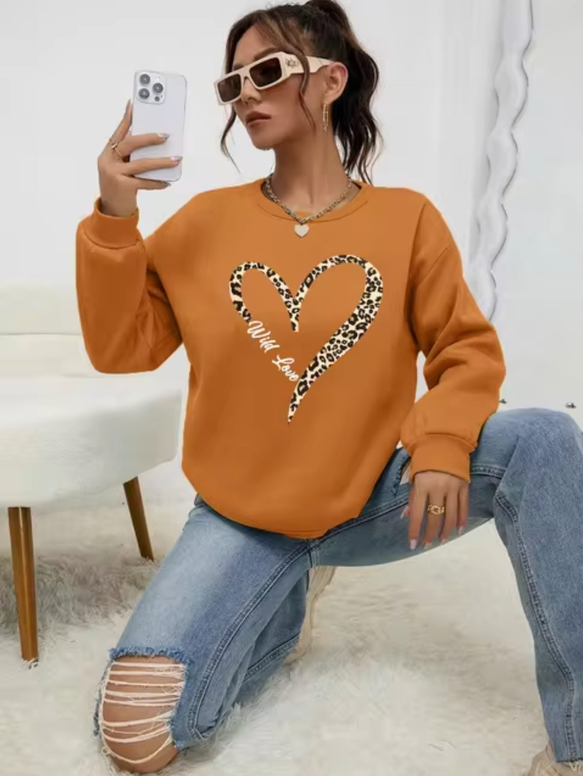 Pull coton femme – Sweat à imprimé cœur léopard chic et tendance