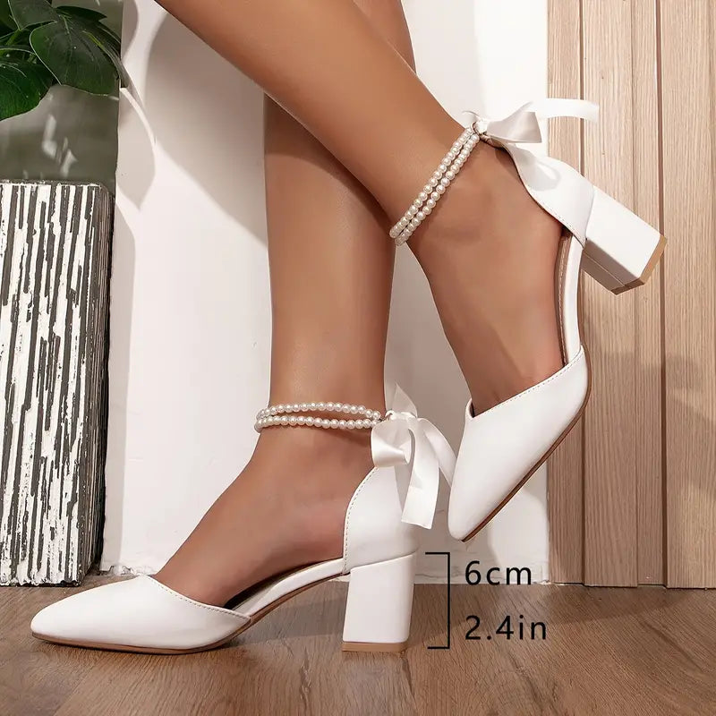 Chaussures à talons blancs femme – Talons élégants avec bride de cheville en fausse perle