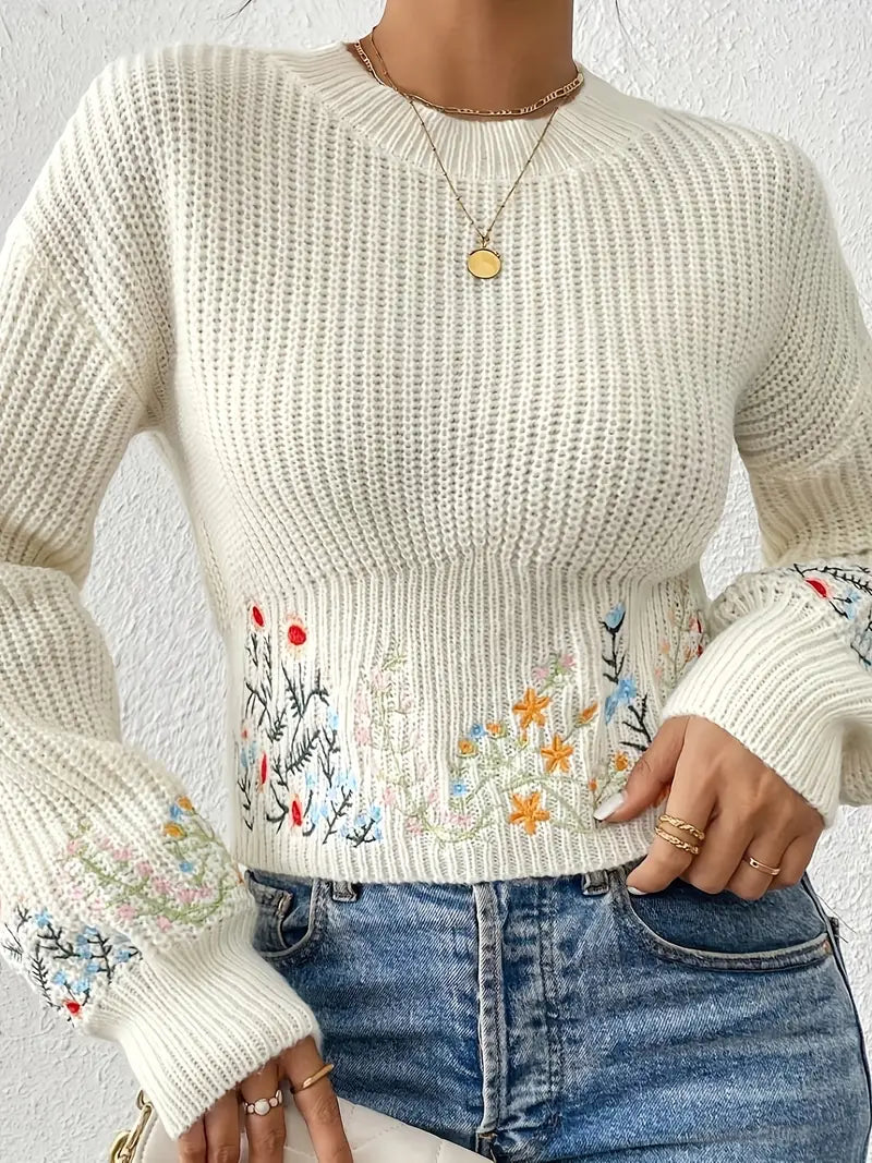 Pull en tricot femme – Pull floral brodé élégant et confortable