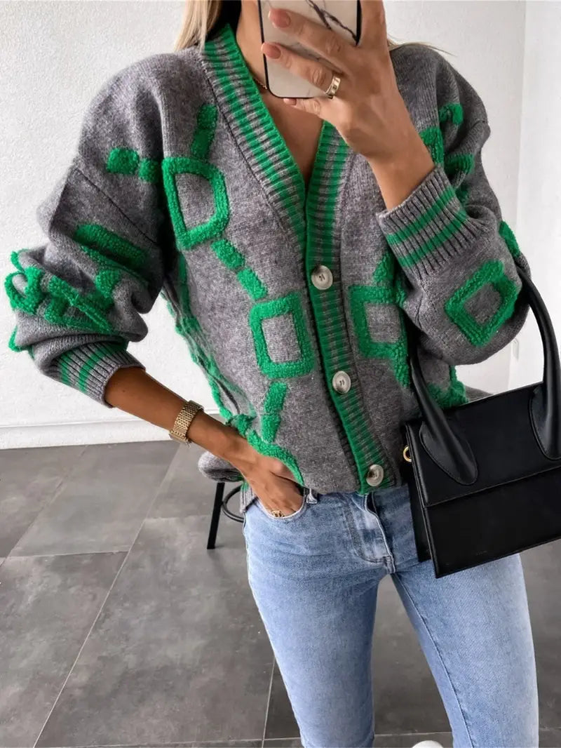 Cardigan femme printemps – Cardigan décolleté en V contrasté élégant