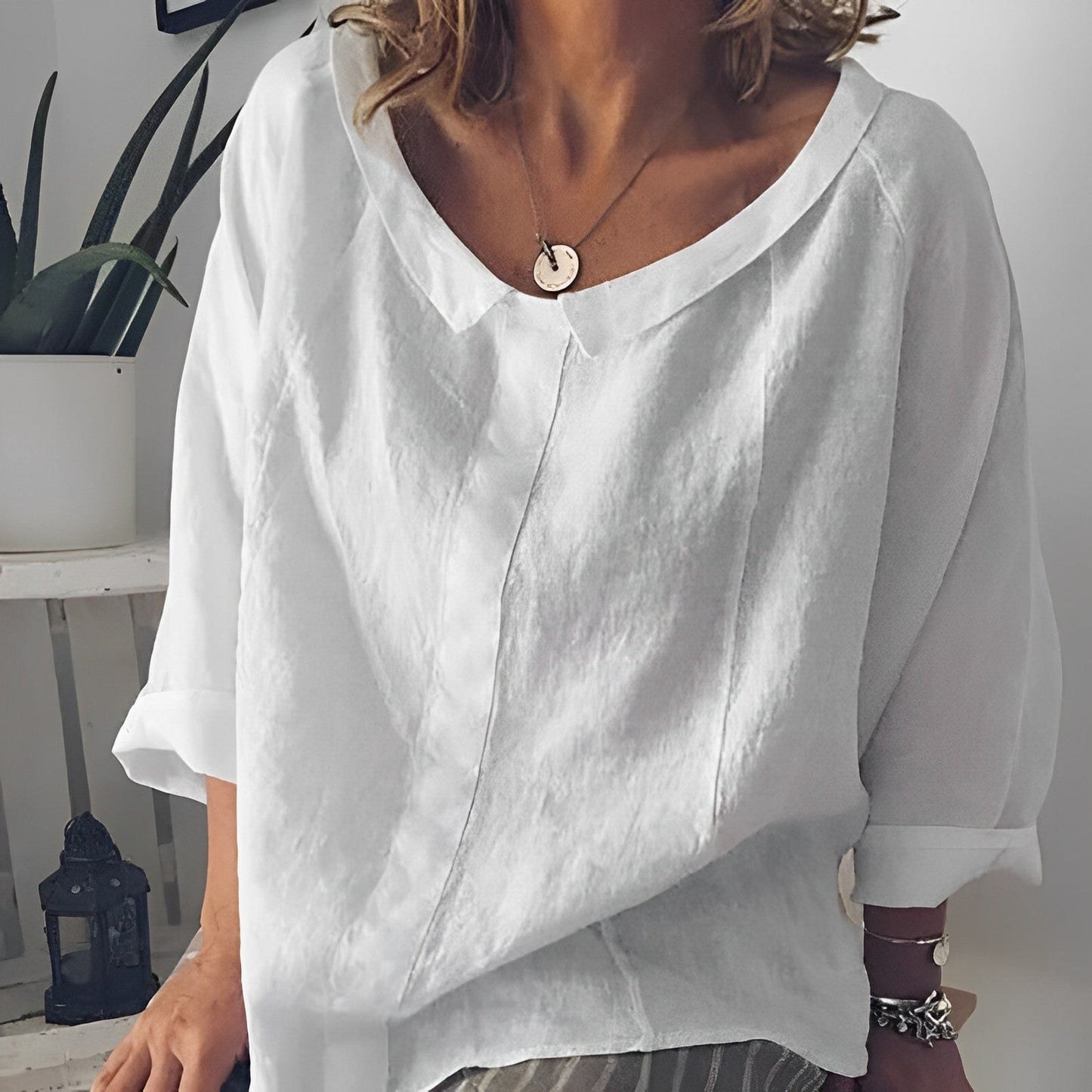 Blouse en lin décontractée femme – Haut léger avec col casual