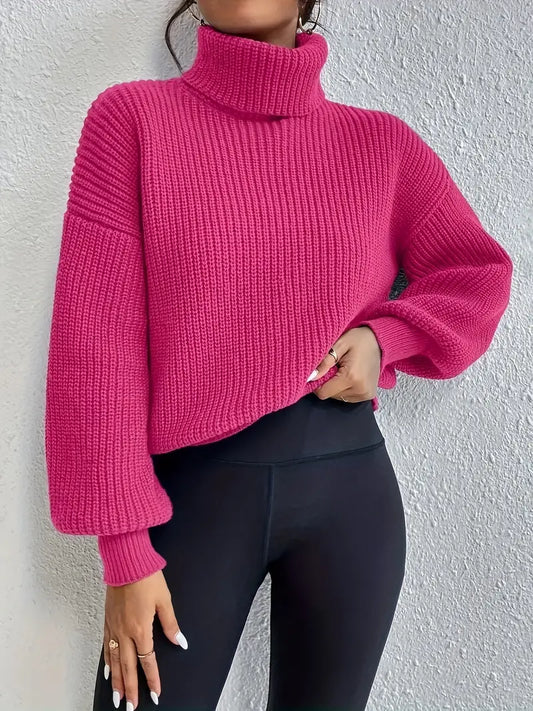 Pull élégant femme – Pull col roulé avec manches lanternes et épaule tombante