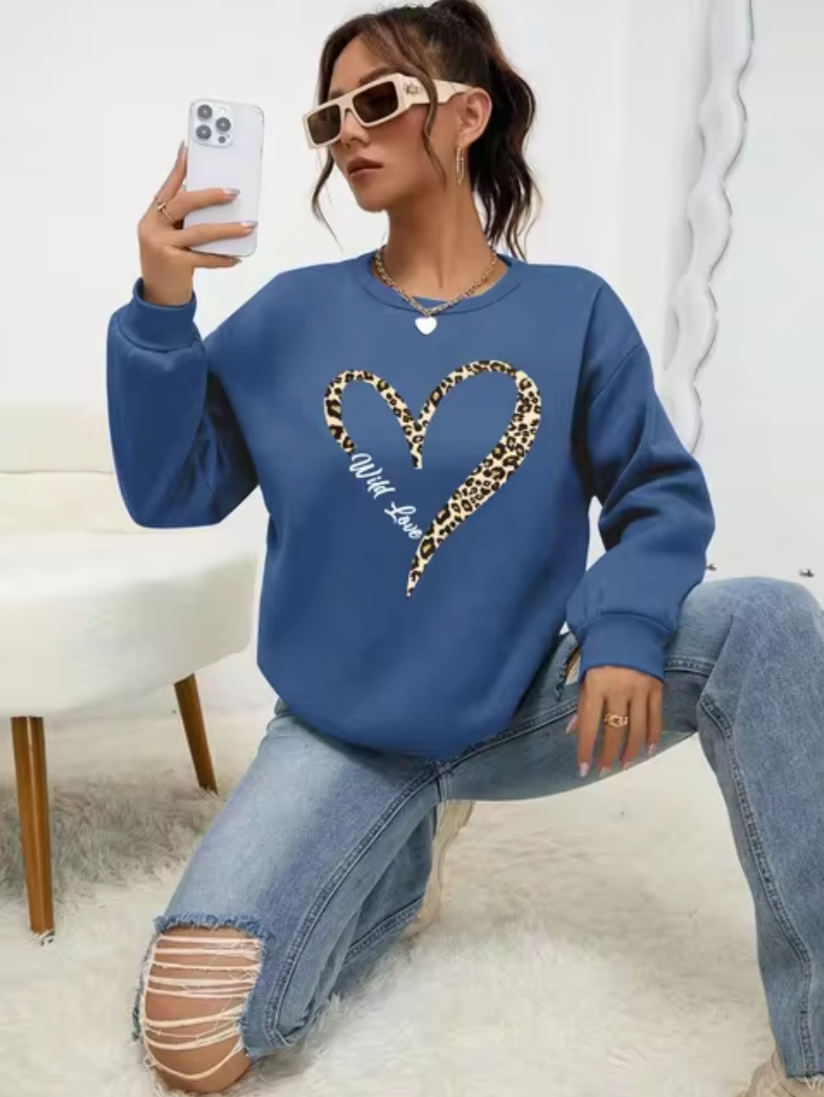 Pull coton femme – Sweat à imprimé cœur léopard chic et tendance