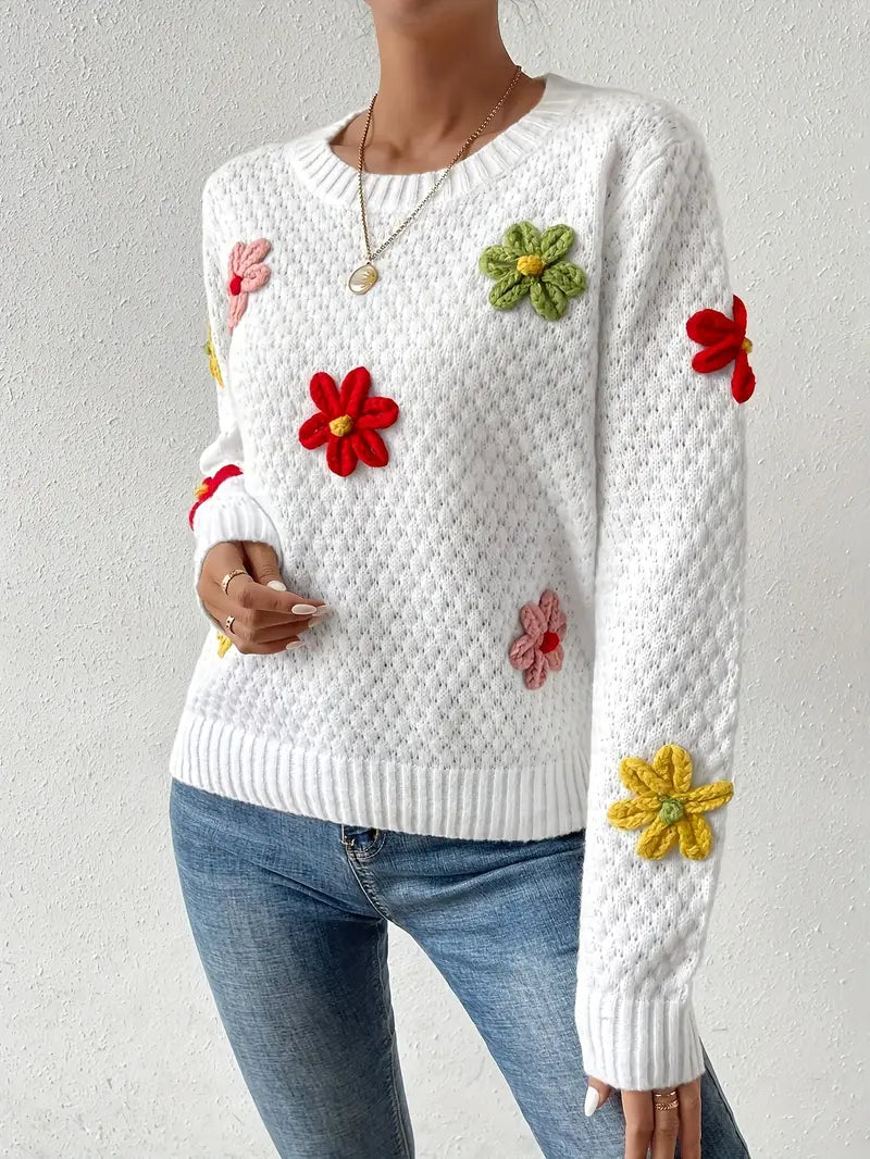 Pull en tricot femme – Pull floral brodé 3D élégant et tendance