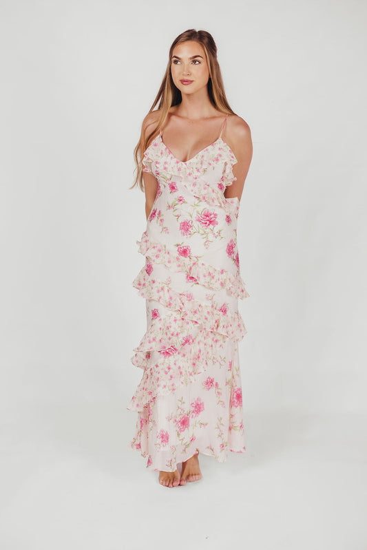 Robe maxi femme – Robe fluide à volants ivoire rose avec motif floral