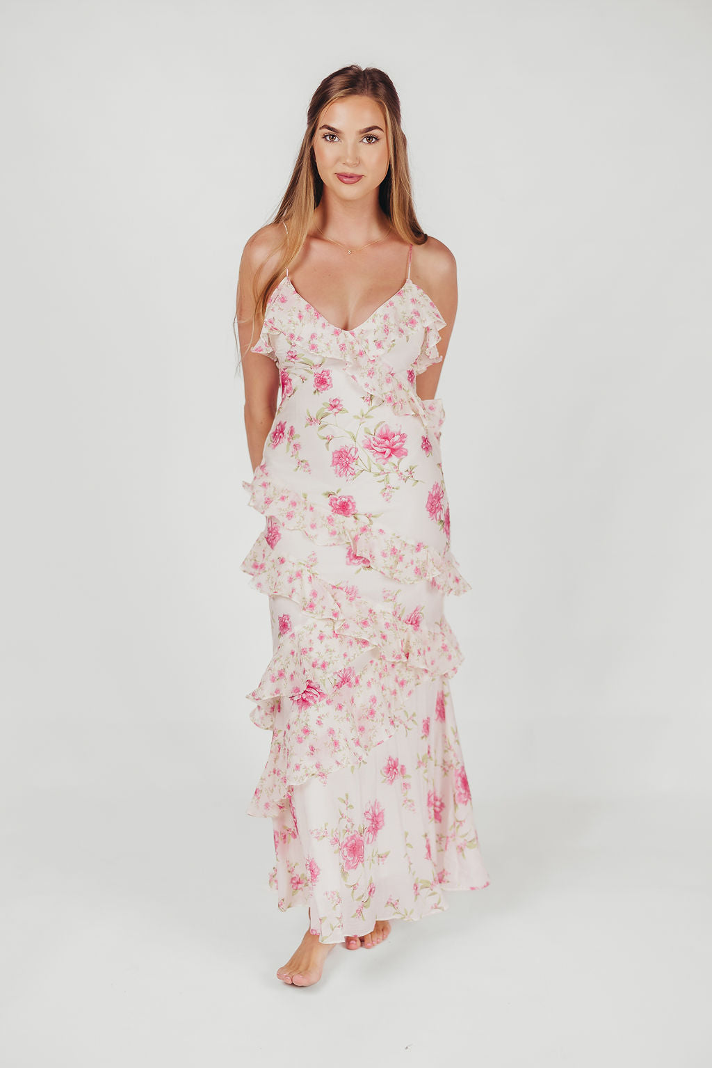 Robe maxi femme – Robe fluide à volants ivoire rose avec motif floral