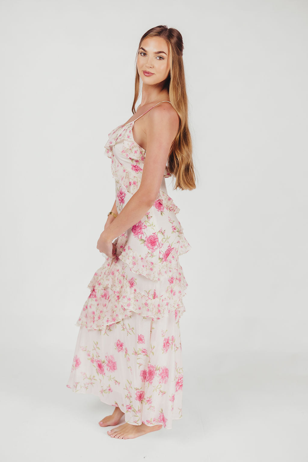 Robe maxi femme – Robe fluide à volants ivoire rose avec motif floral