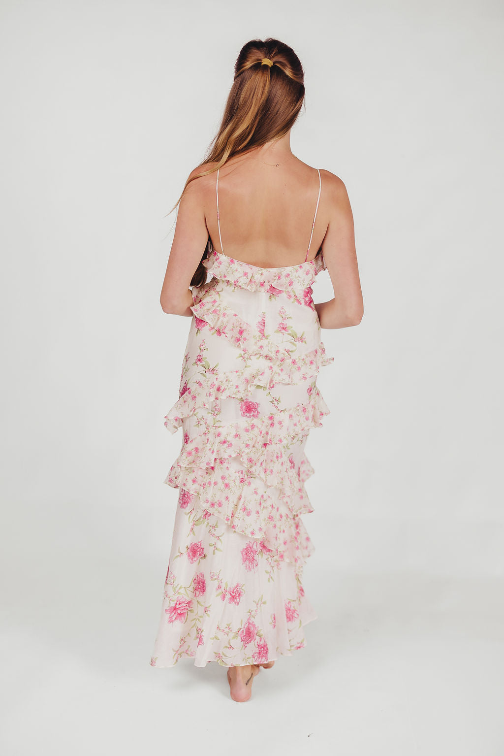 Robe maxi femme – Robe fluide à volants ivoire rose avec motif floral