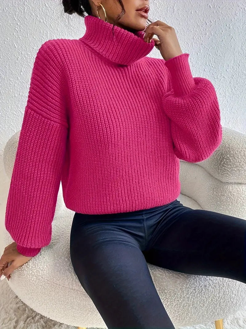 Pull élégant femme – Pull col roulé avec manches lanternes et épaule tombante