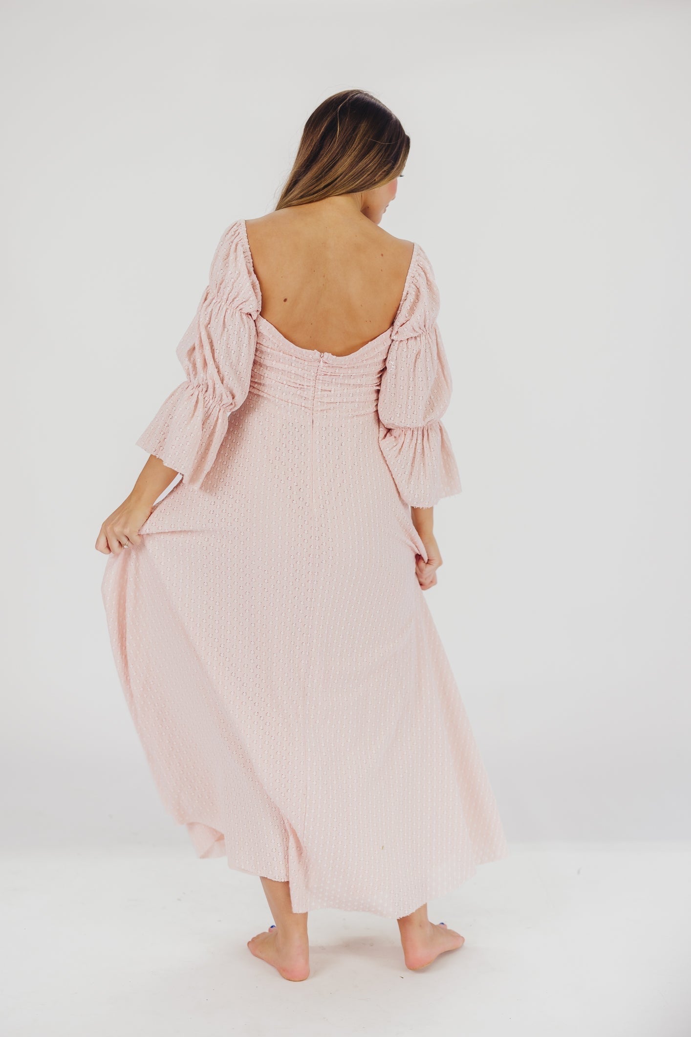 Robe longue femme – Robe élégante rose ballerine avec manches volantes et poches