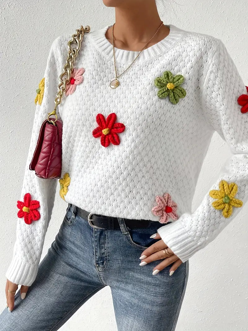 Pull en tricot femme – Pull floral brodé 3D élégant et tendance