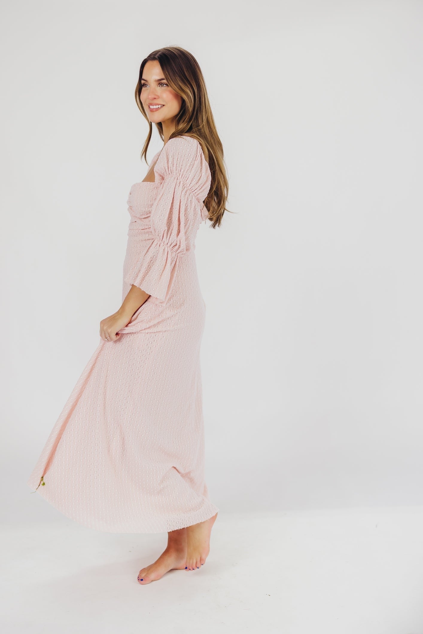 Robe longue femme – Robe élégante rose ballerine avec manches volantes et poches