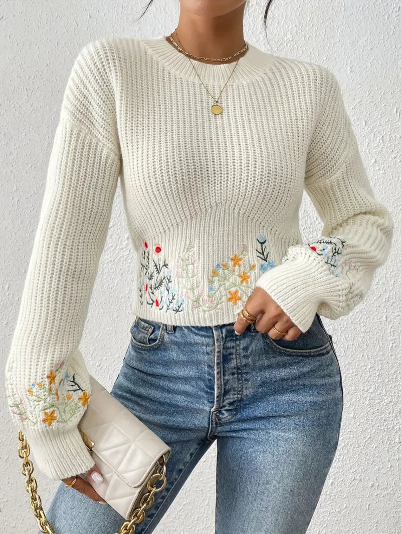 Pull en tricot femme – Pull floral brodé élégant et confortable