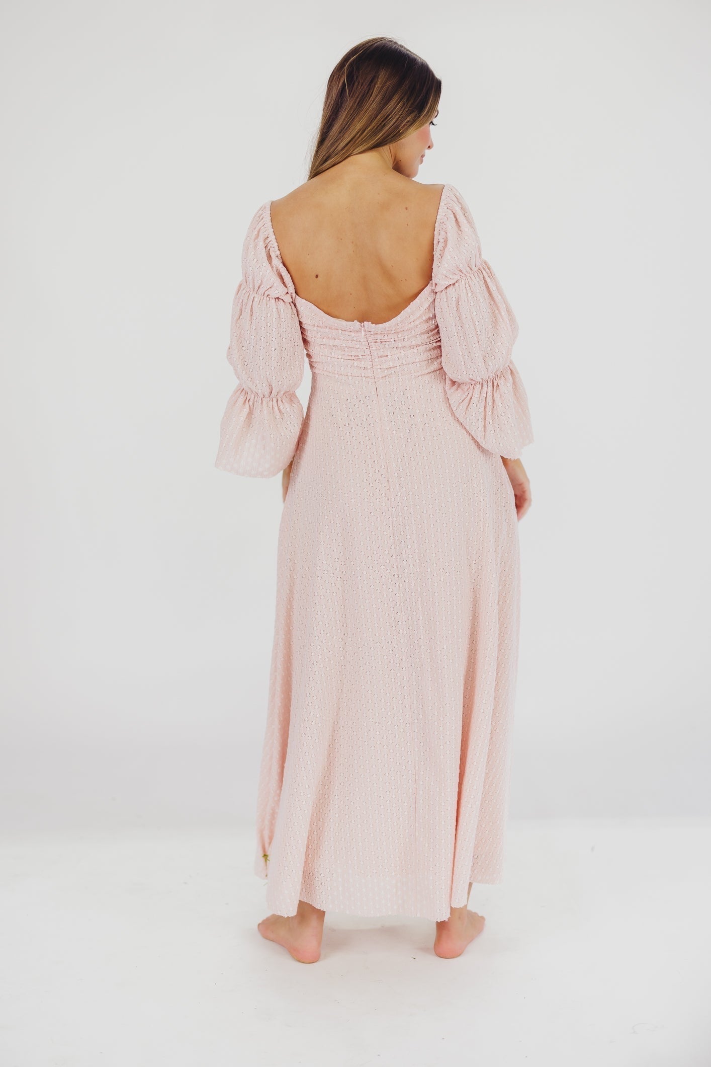 Robe longue femme – Robe élégante rose ballerine avec manches volantes et poches