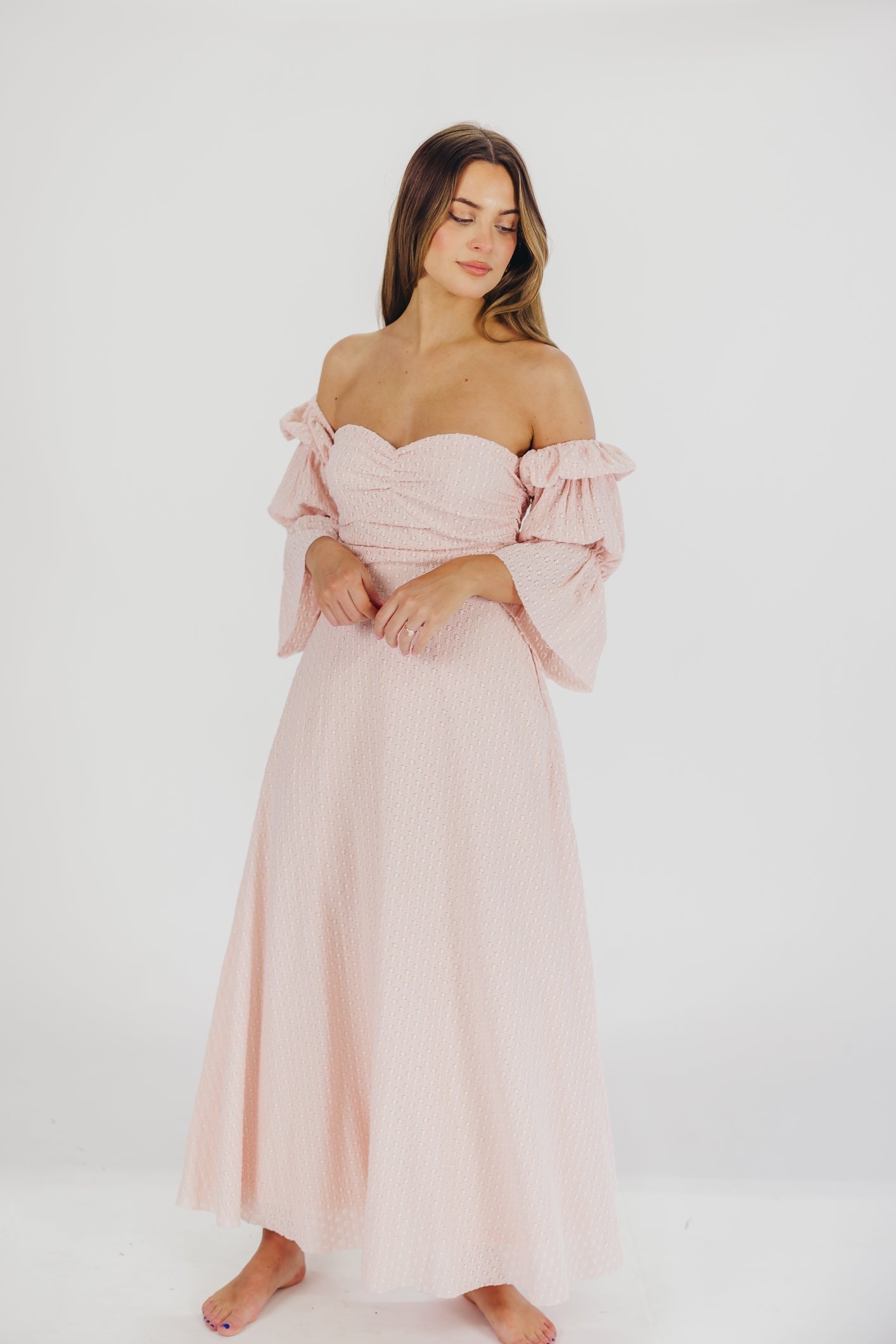 Robe longue femme – Robe élégante rose ballerine avec manches volantes et poches