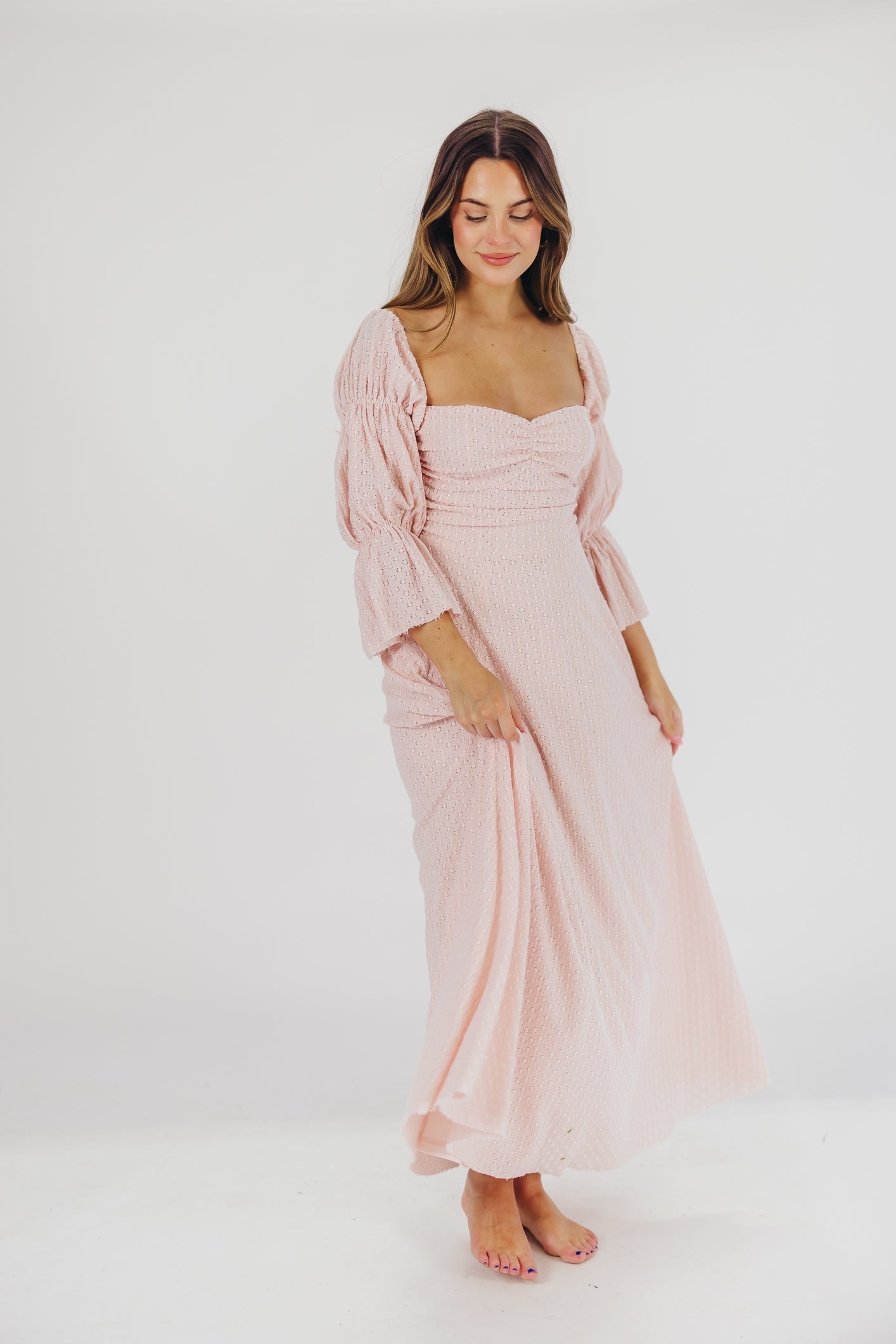 Robe longue femme – Robe élégante rose ballerine avec manches volantes et poches