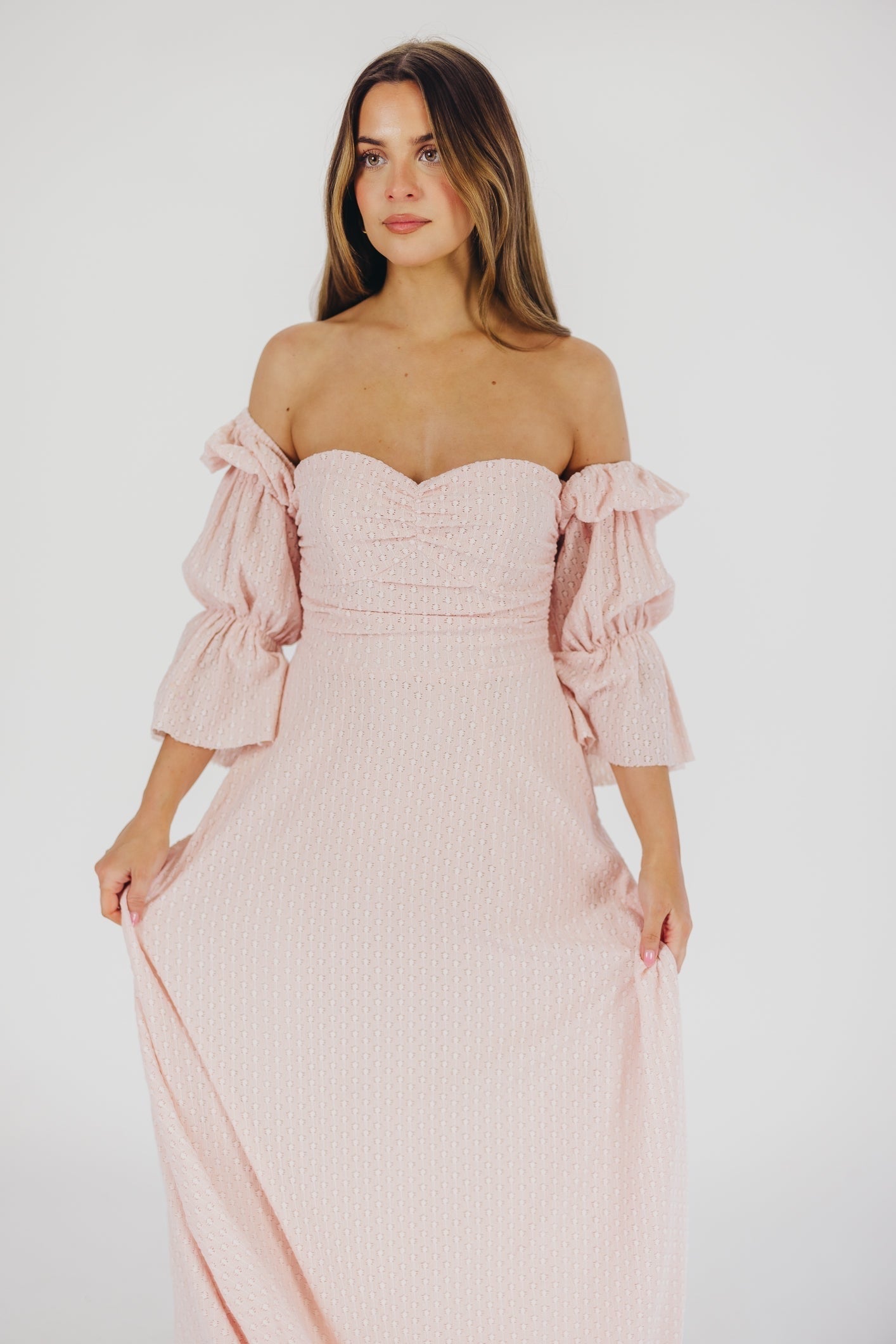 Robe longue femme – Robe élégante rose ballerine avec manches volantes et poches