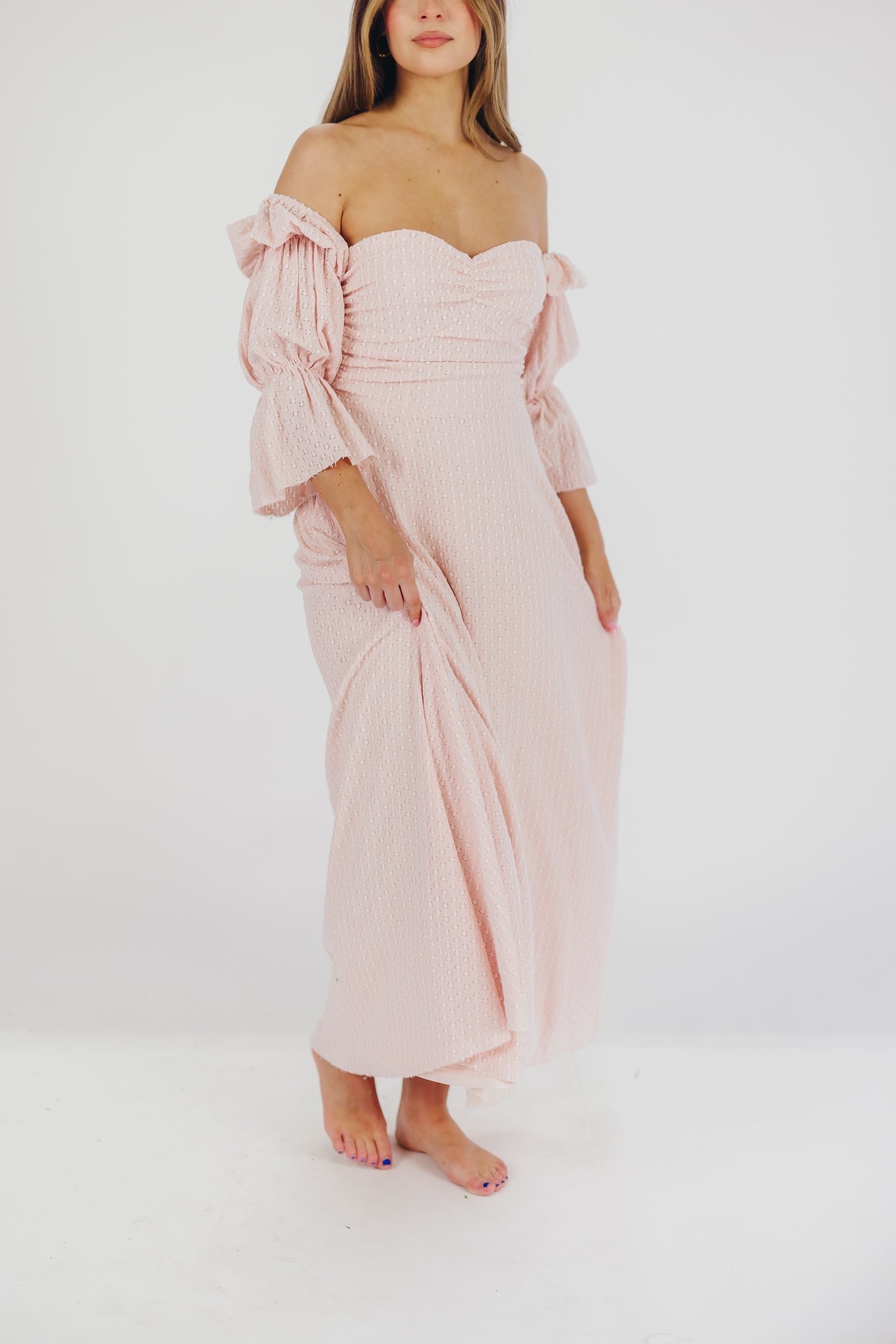 Robe longue femme – Robe élégante rose ballerine avec manches volantes et poches