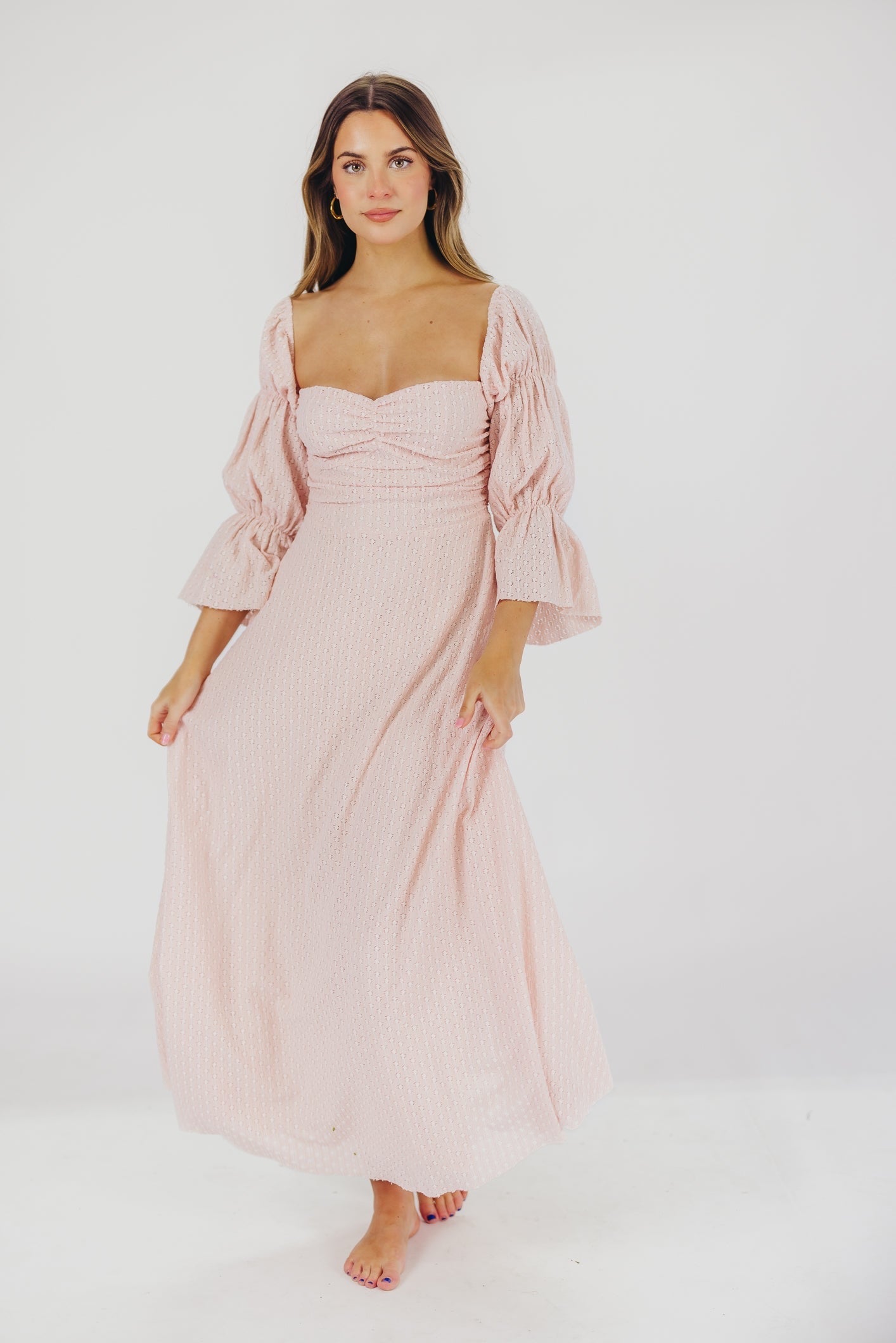 Robe longue femme – Robe élégante rose ballerine avec manches volantes et poches