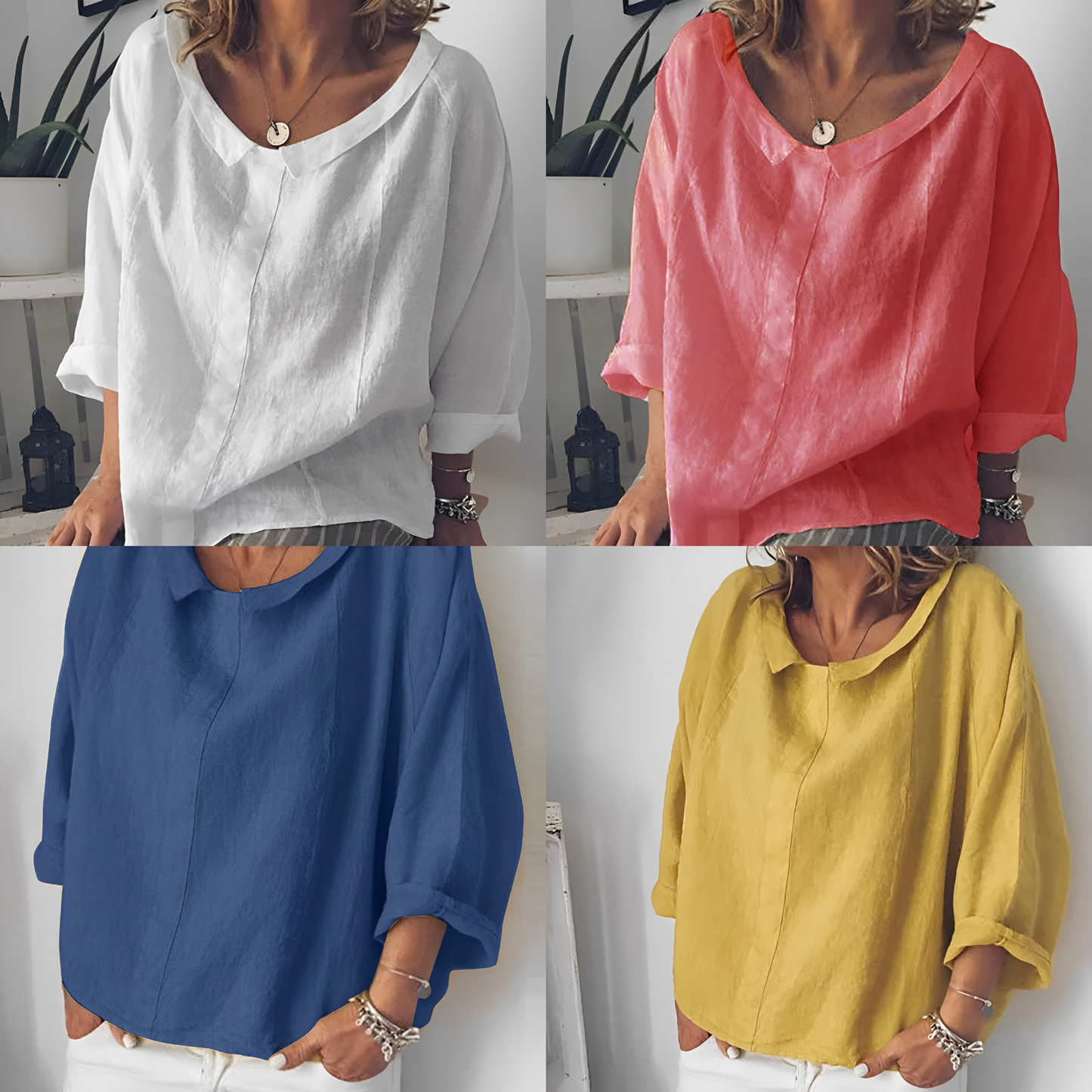 Blouse en lin décontractée femme – Haut léger avec col casual