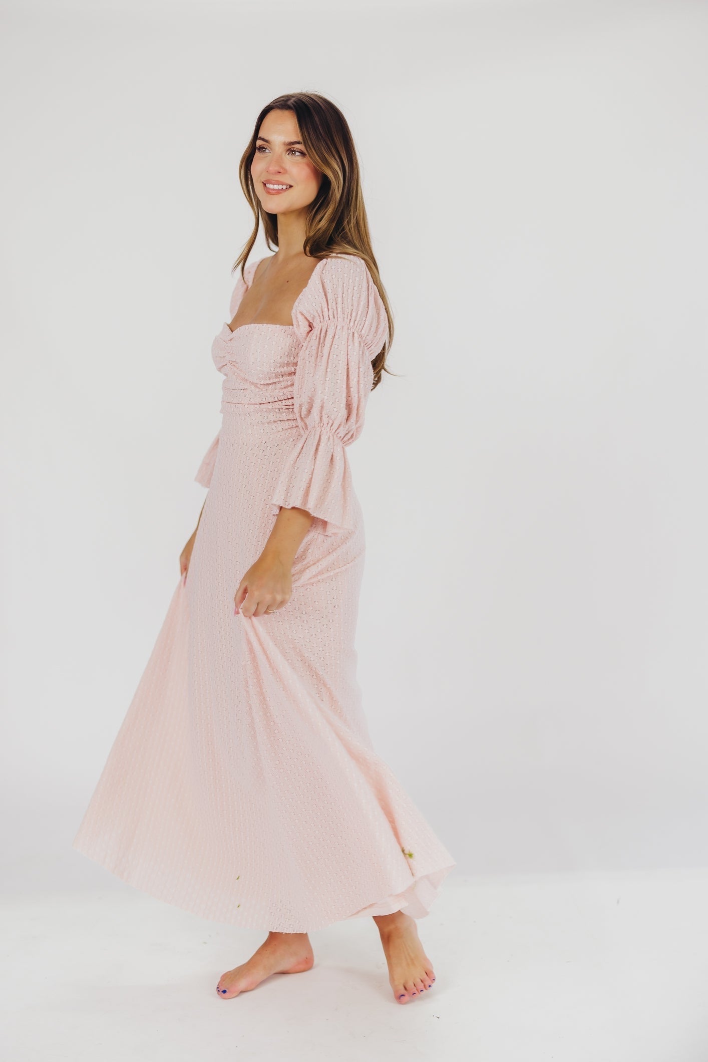 Robe longue femme – Robe élégante rose ballerine avec manches volantes et poches