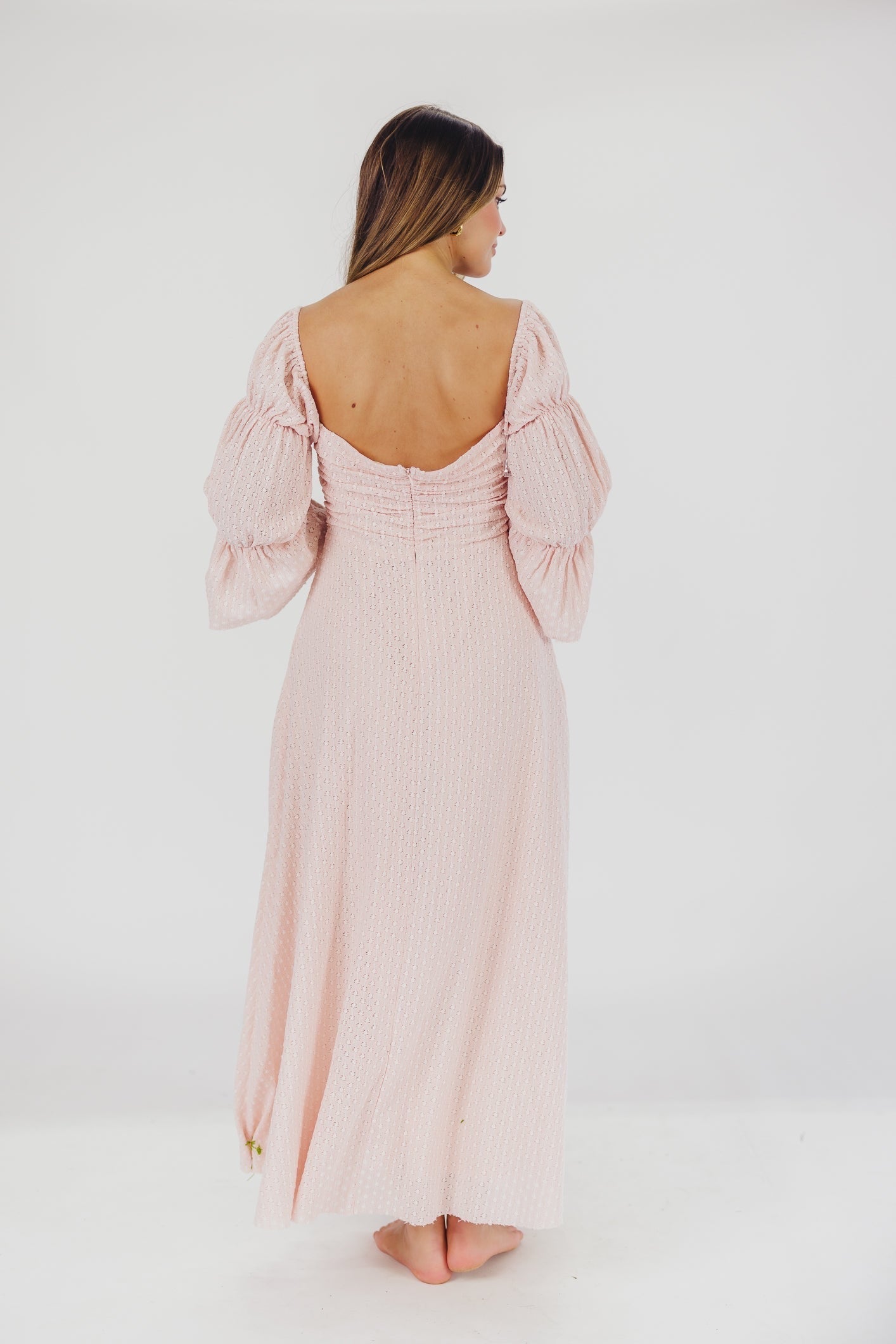 Robe longue femme – Robe élégante rose ballerine avec manches volantes et poches