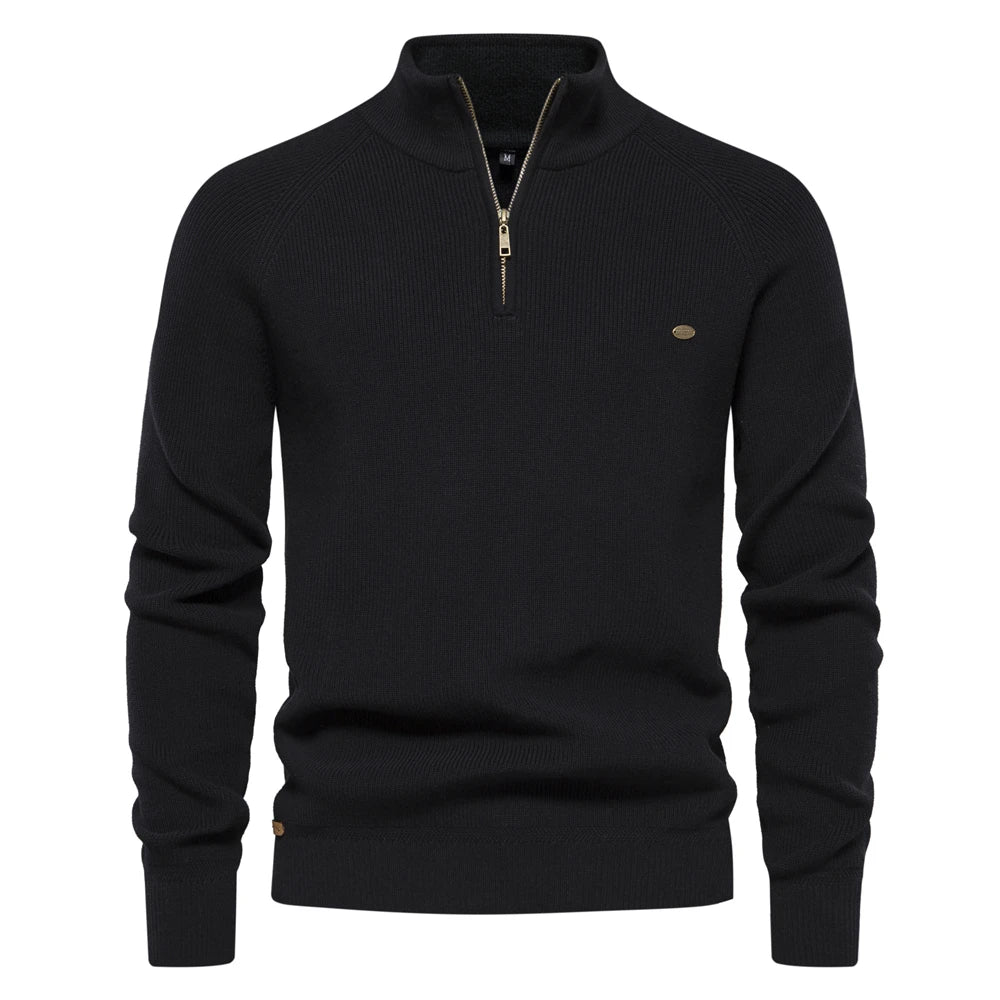 Pull demi-zip homme – Pull confortable en coton à col montant