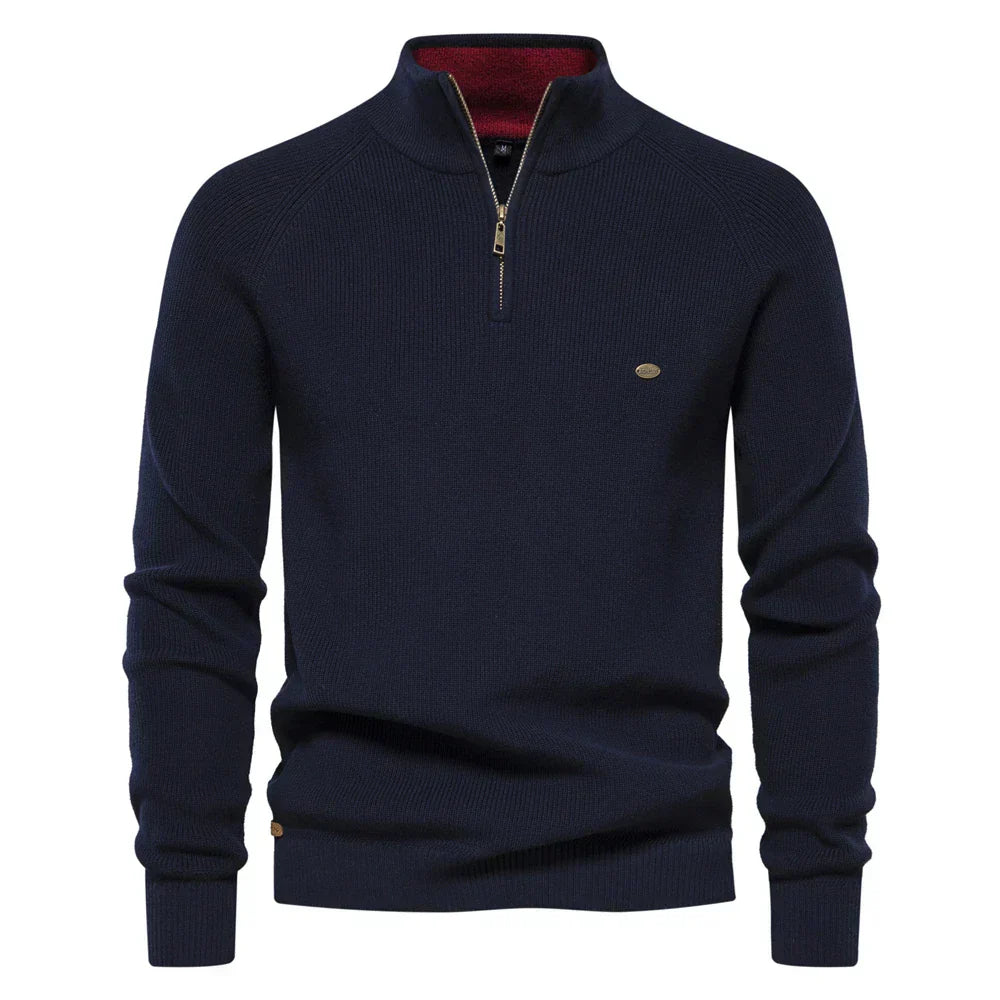 Pull demi-zip homme – Pull confortable en coton à col montant