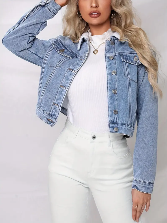 Veste en denim courte femme – Veste en coton tendance et décontractée