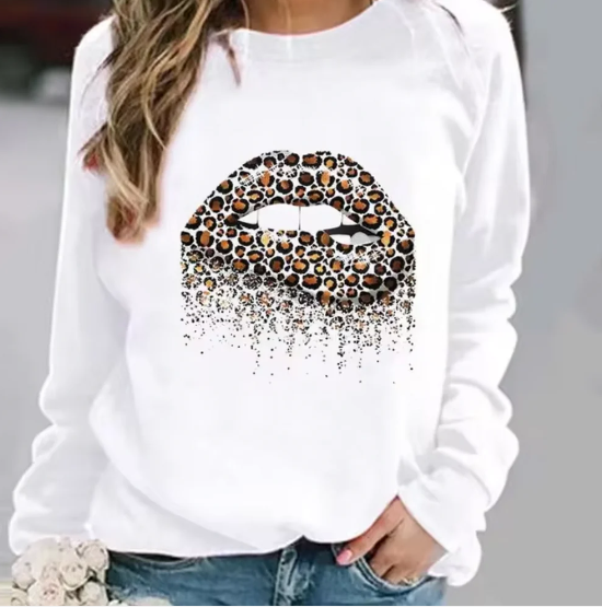 Pull en coton femme – Sweat-shirt avec impression de lèvres tendance et confortable