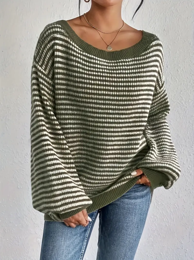 Pull en tricot femme – Vert olive avec épaules tombantes chic et décontracté