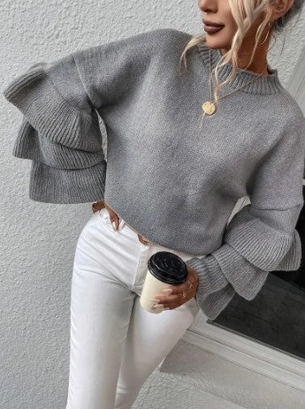 Pull en tricot stylé femme – Pull à manches en cloche et couches élégantes