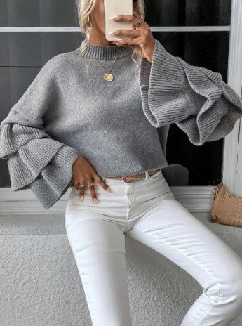 Pull en tricot stylé femme – Pull à manches en cloche et couches élégantes