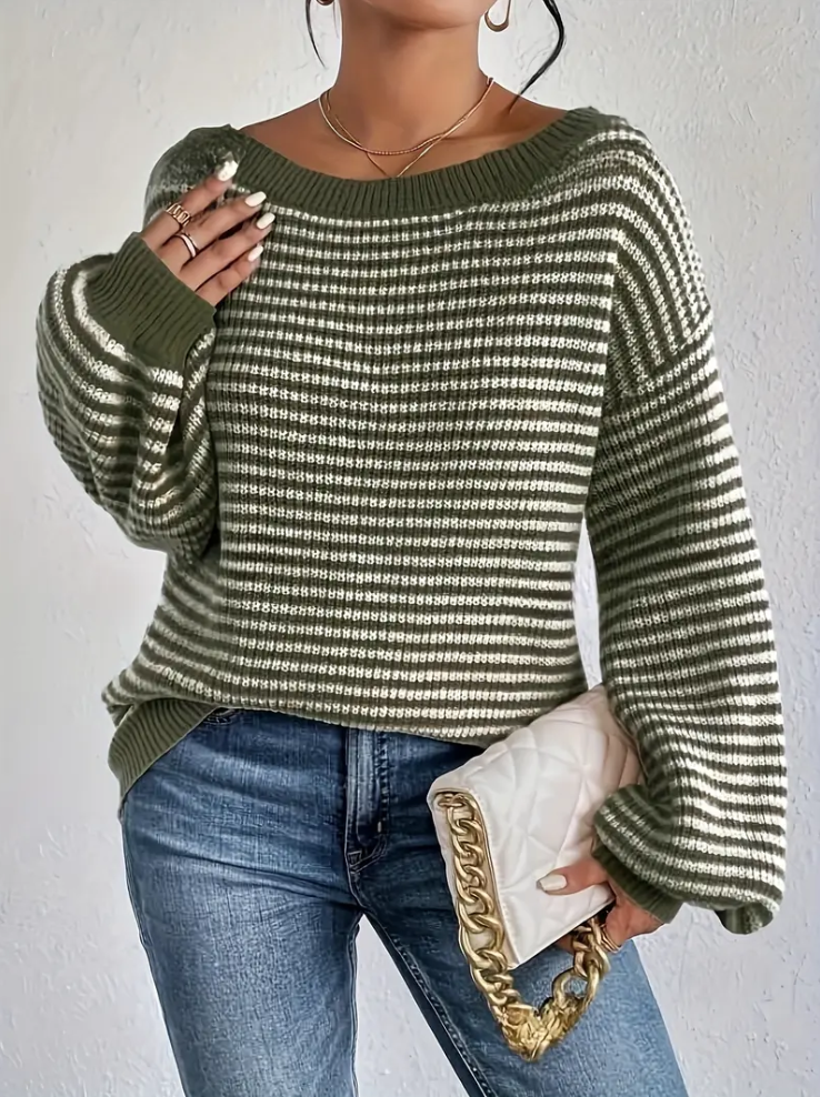 Pull en tricot femme – Vert olive avec épaules tombantes chic et décontracté